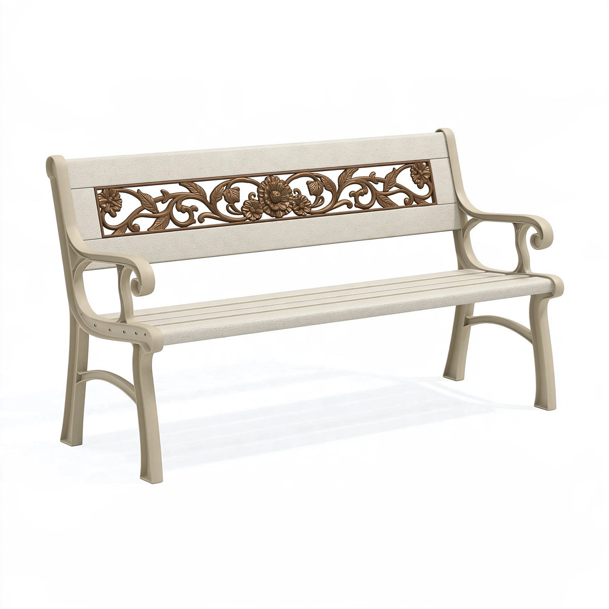 Panchina da giardino 150 x 60 x 90 cm in plastica crema e marrone stile classico floreale