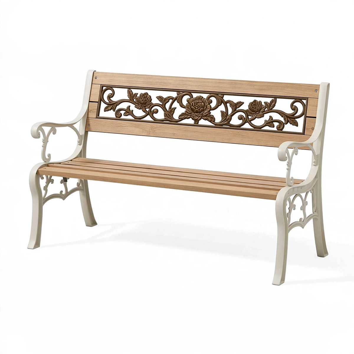 Panca da giardino 120 x 60 x 90 cm in legno e metallo bianco marrone stile floreale