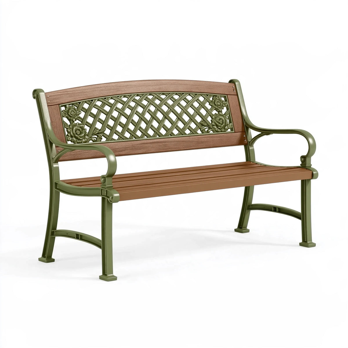 Panchina da giardino 125 x 60 x 88 cm in metallo verde e marrone stile floreale