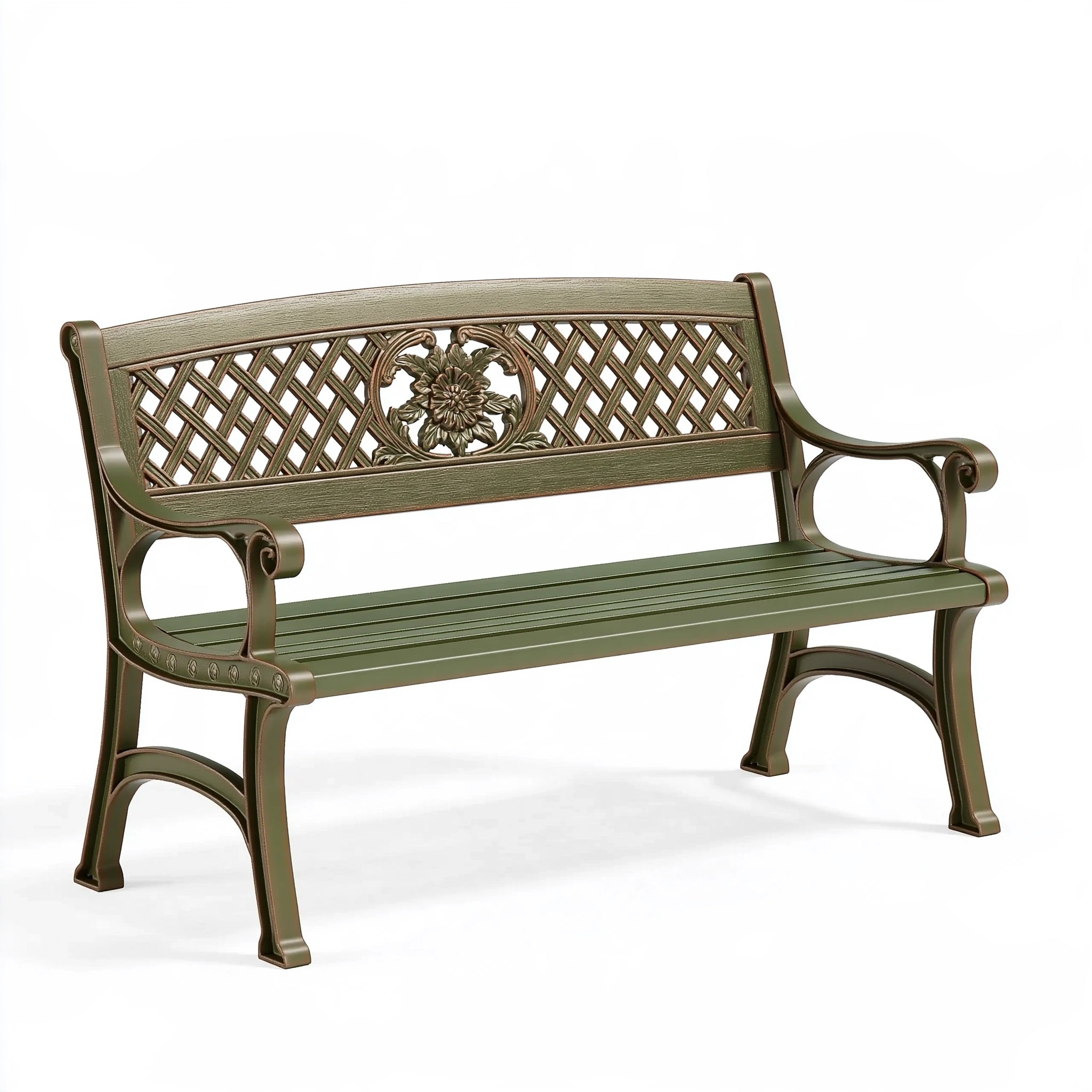 Panchina da giardino 125 x 60 x 88 cm in metallo verde con schienale decorativo classico