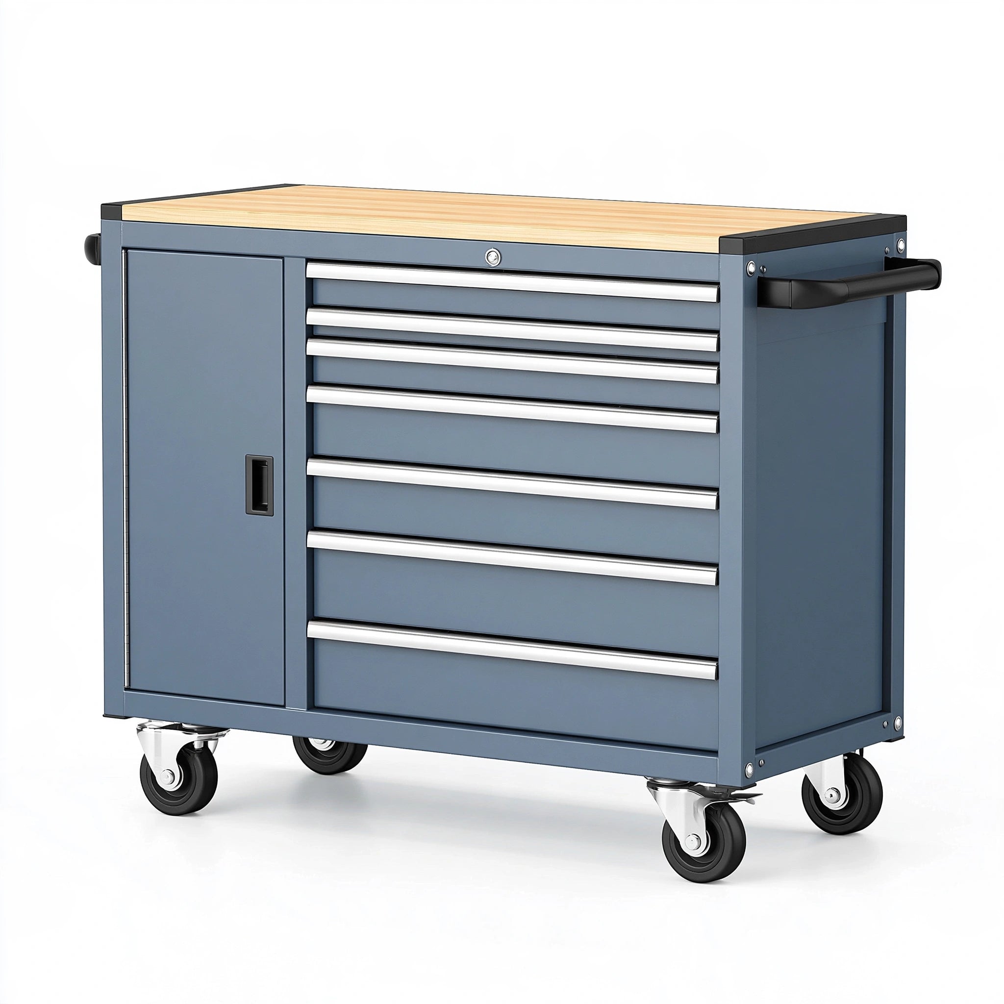 Carrello portautensili 100 x 50 x 95 cm in acciaio blu con piano in legno e cassetti mobili