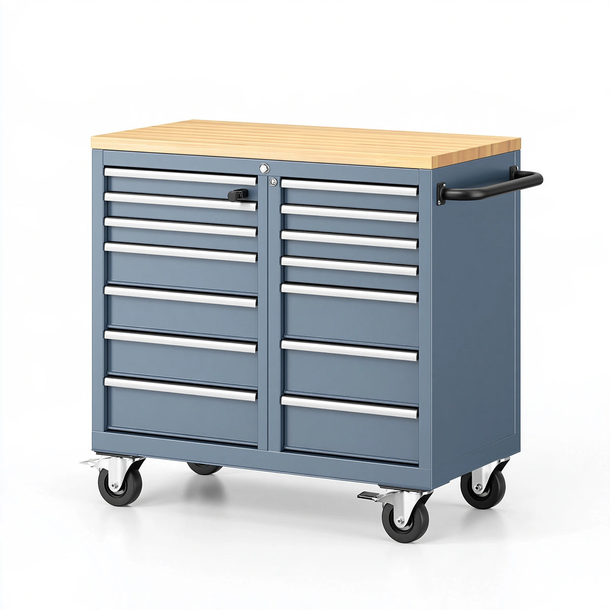 Carrello portautensili 100 x 50 x 90 cm in acciaio blu con piano in legno e 10 cassetti mobili