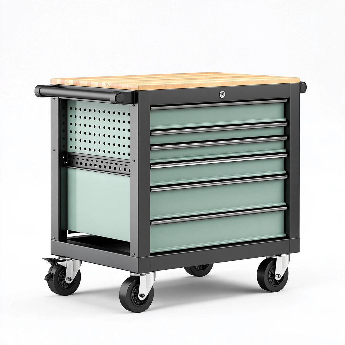 Carrello portautensili 90 x 45 x 95 cm in acciaio nero e verde con piano in legno e ruote
