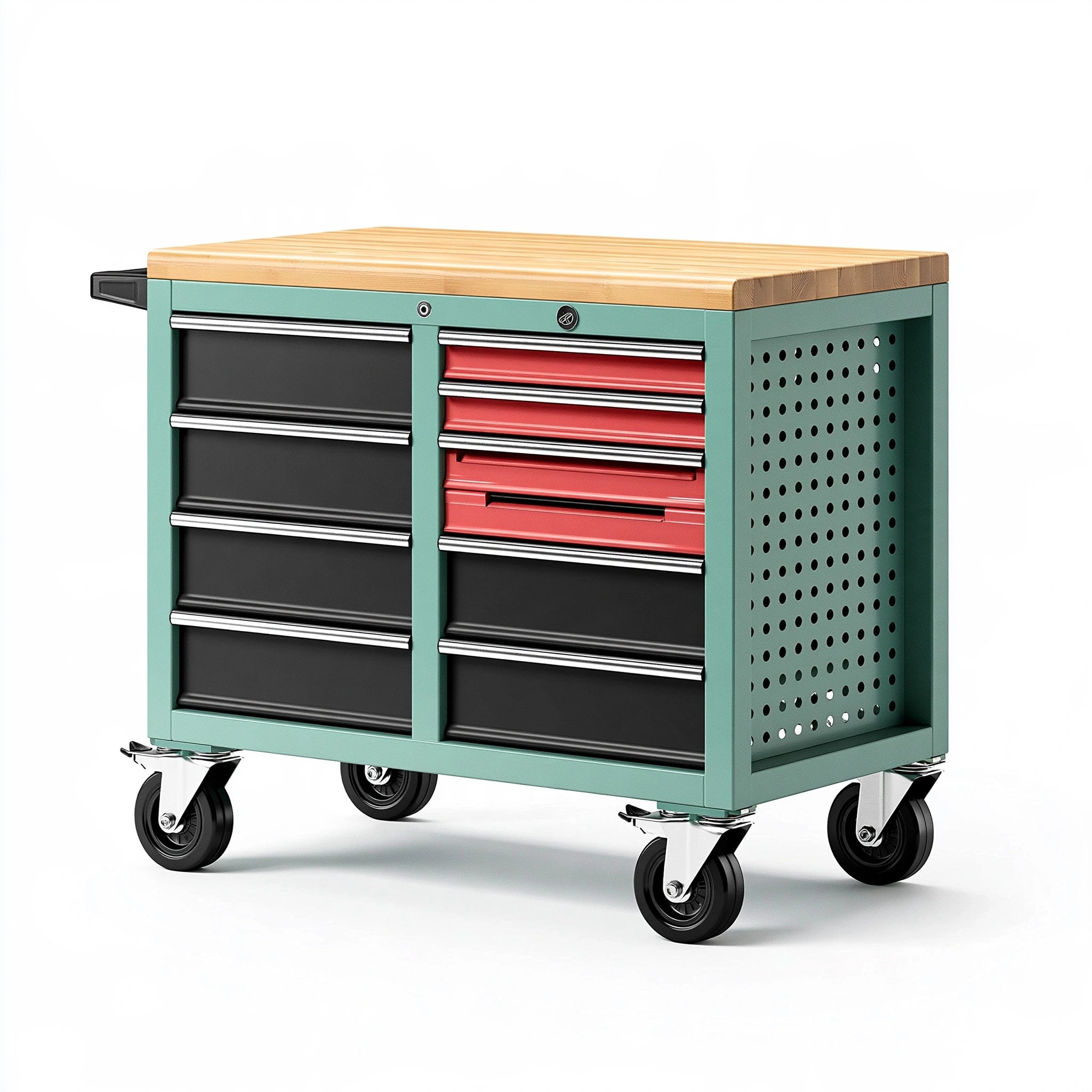 Carrello portautensili 100 x 50 x 95 cm in metallo verde con piano in legno e cassetti