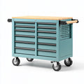 Banco da lavoro 120 x 60 x 95 cm in acciaio turchese e legno con 10 cassetti su ruote