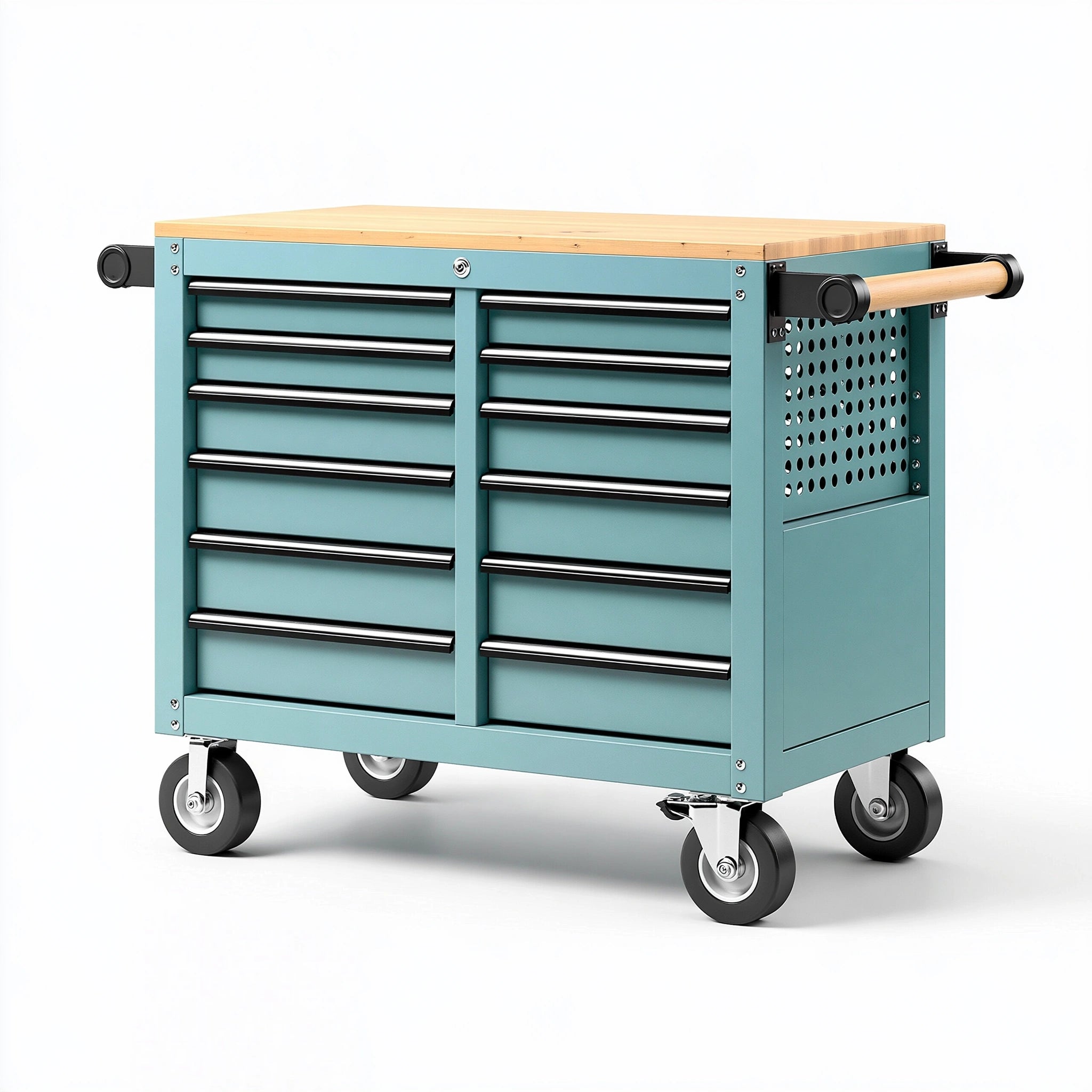 Banco da lavoro 120 x 60 x 95 cm in acciaio turchese e legno con 10 cassetti su ruote