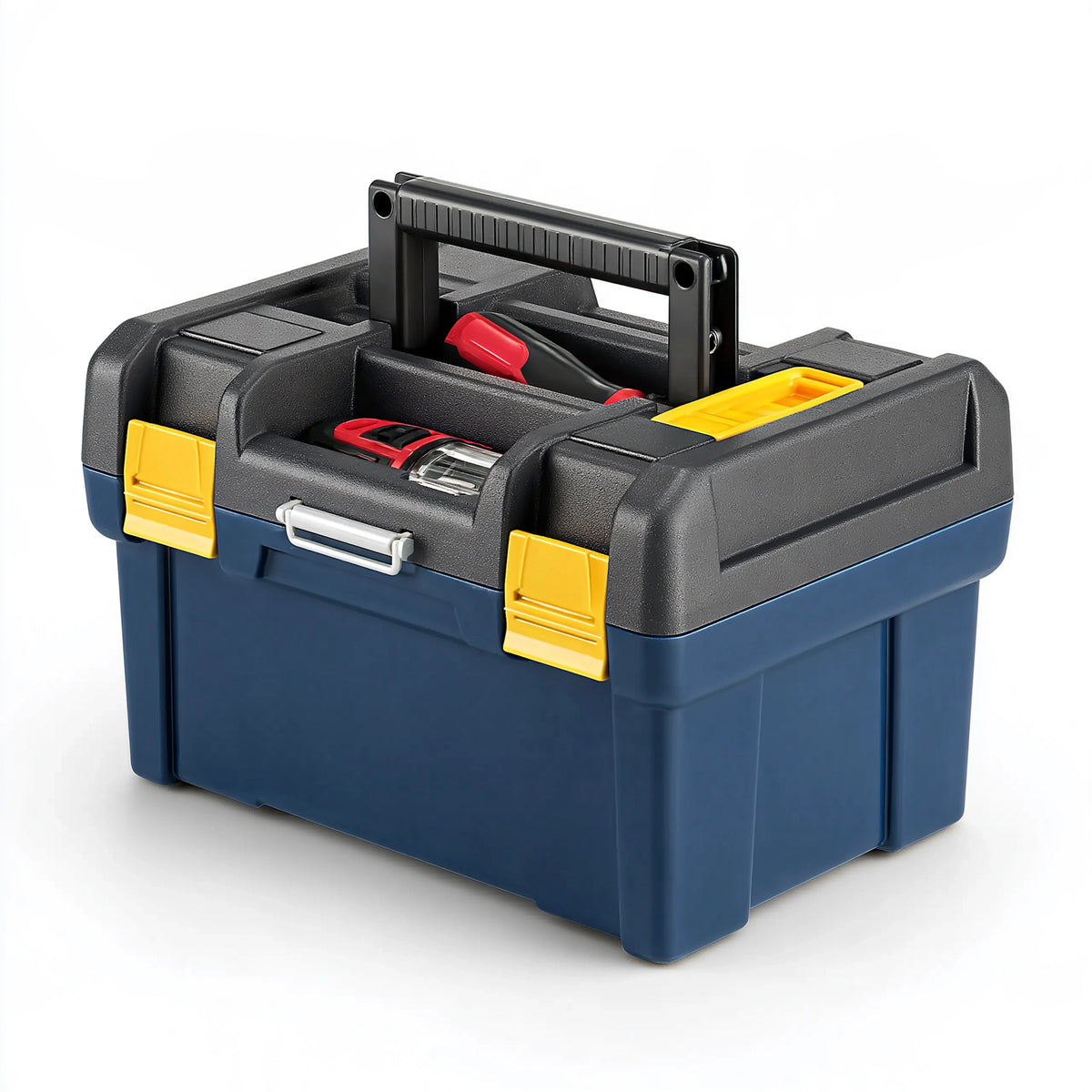 Cassetta portautensili 45 cm in plastica blu scuro nera e gialla con maniglia pieghevole