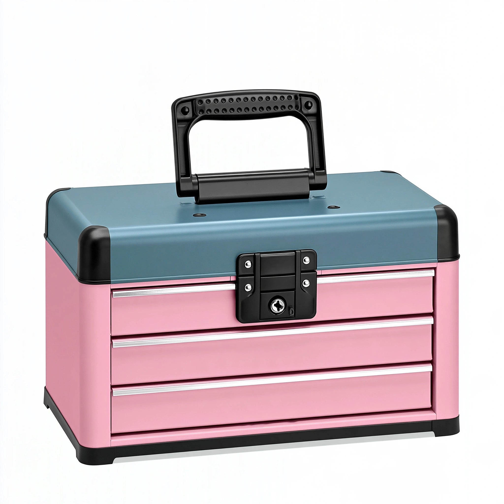 Cassettiera portautensili 60 x 30 x 35 cm in metallo rosa e blu con maniglia e 3 cassetti