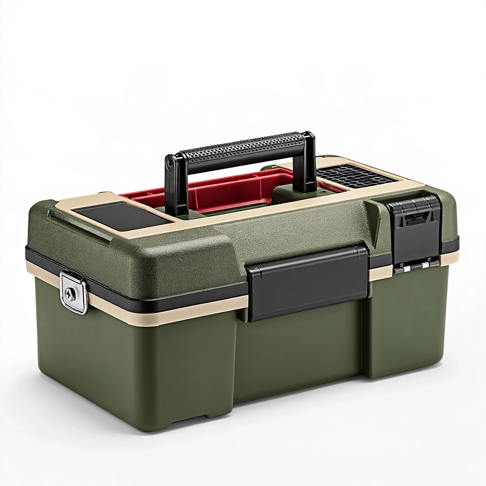 Cassetta porta attrezzi 38 x 22 x 20 cm in plastica verde con maniglia per pesca e fai da te