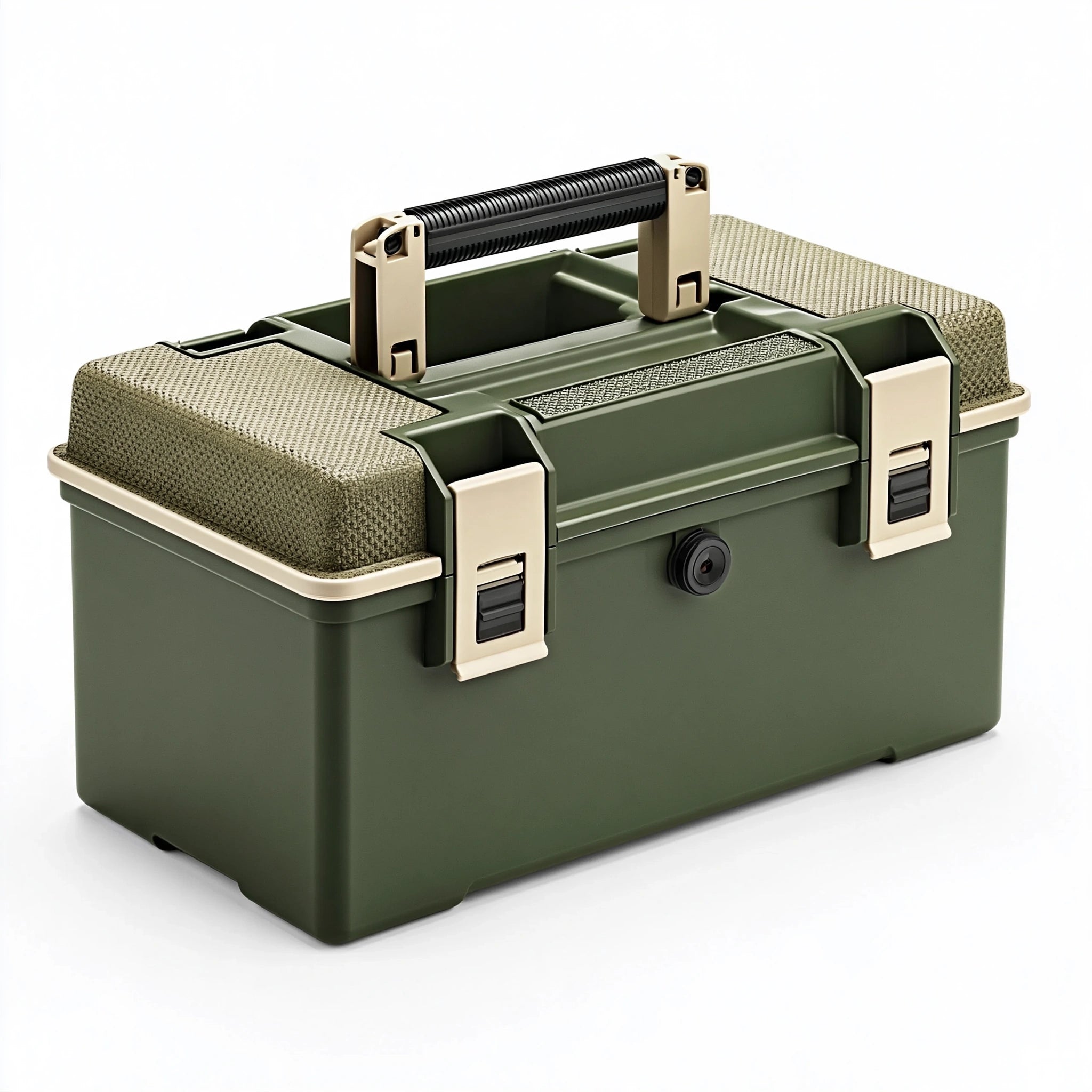 Cassetta porta attrezzi 45 x 28 x 32 cm in plastica verde con maniglia e seduta imbottita