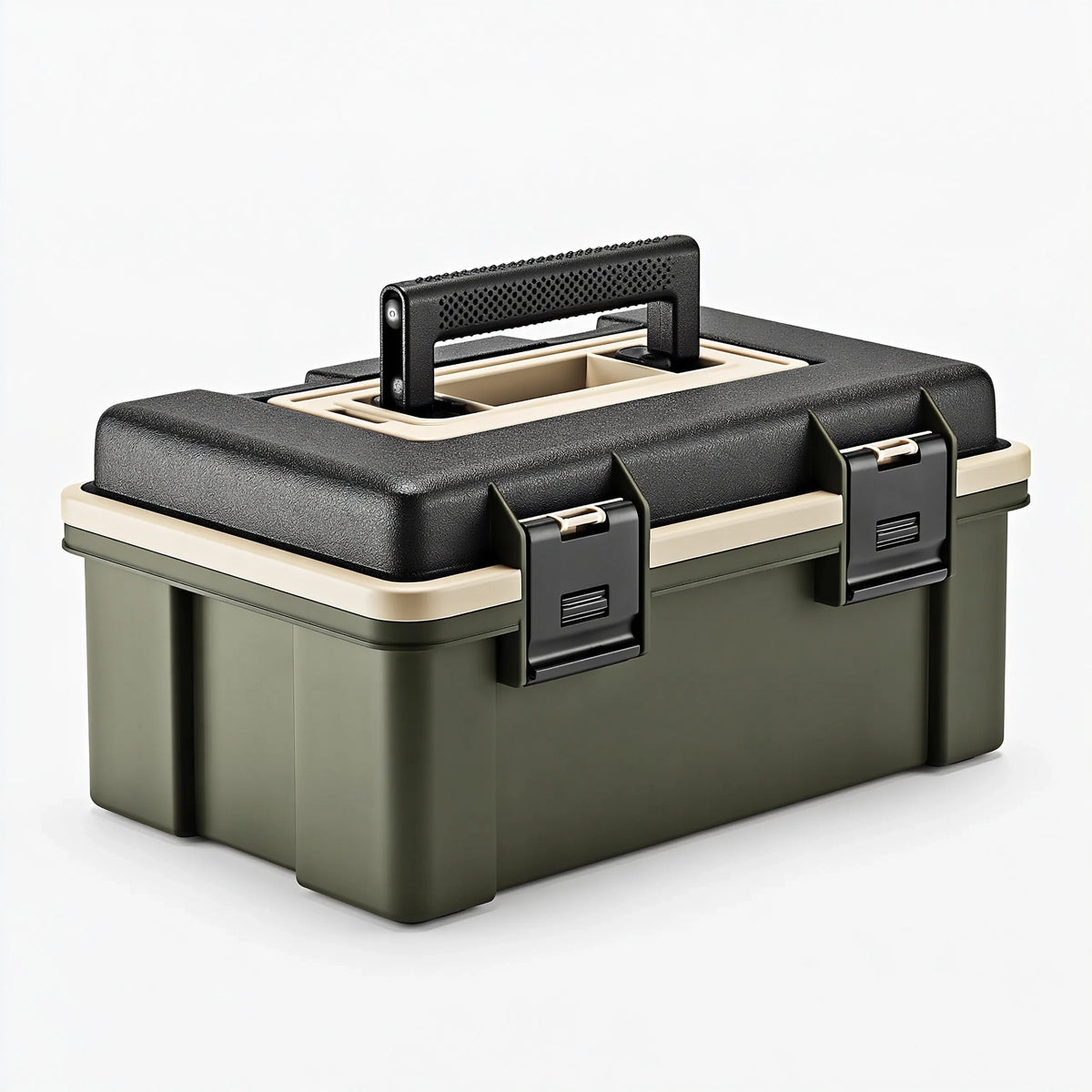 Cassetta portautensili 45 x 25 x 28 cm in plastica verde oliva nera e beige - organizzatore portatile con maniglia